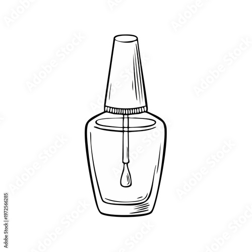 Hand drawn illustration of a clear nail polish bottle with brush and applicator
