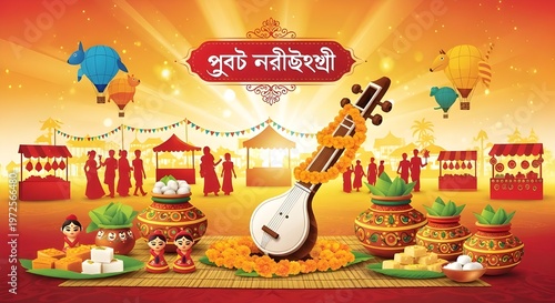 Colorful Pohela Boishakh Bengali New Year Festival Illustration with Traditional Music, Food and Cultural Celebration Scene