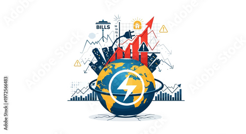 An overhead illustration depicting the looming energy crisis around the world, with a stylized Earth encircled by rings and overlaid with a lightning bolt, against a clean white backdrop