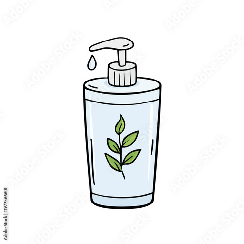 Hand sanitizer bottle with green leaf icon dispensing liquid drop for hygiene