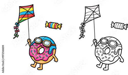 Cute Cartoon Donut Character Flying a Kite Coloring Page Set with Colored Version and Line Art Outline Vector Illustration