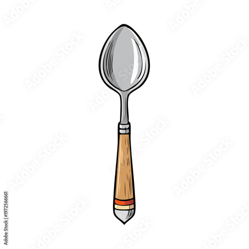 Hand drawn illustration of a metal spoon with a wooden handle and orange band