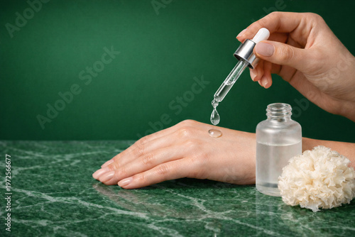 Organic hand essence with snow mushroom extract. Perfect for beauty branding, skincare e-commerce, hand care advertising, and wellness blogs. Premium hydrating serum on marble.