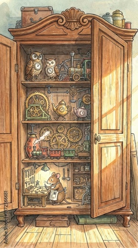 Intricately Detailed Wooden Cabinet Displaying Vintage Clocks and Whimsical Artifacts in Warm Light