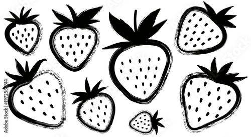 Hand Drawn Black and White Strawberry Illustrations Collection.