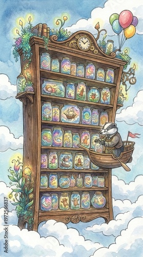 Whimsical Illustrated Toy Shop Displaying Colorful Characters Floating Among Clouds with Balloons
