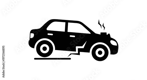 Black silhouette icon of a broken-down car with a cracked chassis and smoke from the engine, symbolizing vehicle damage or accident.