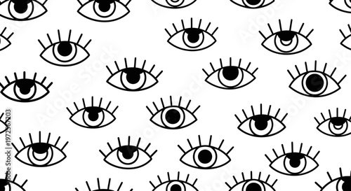 Hand drawn eye pattern with eyelashes on white background.