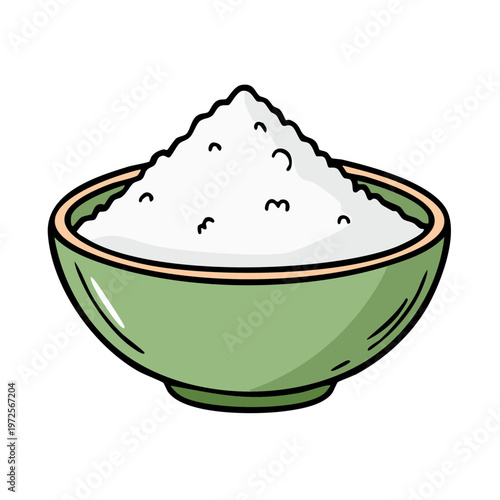 A simple illustration of a green bowl filled with a white powdery substance like sugar or flour