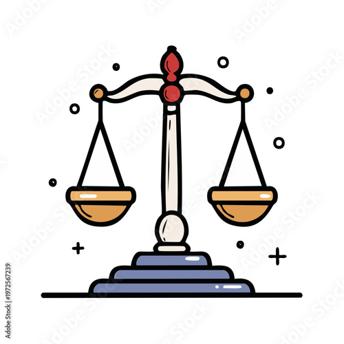 Illustration of a classic brass balance scale symbolizing justice and law with decorative elements