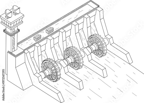 Technology dam line drawing of a hydroelectric dam with turbines for modern energy solutions, suitable for renewable energy concepts.