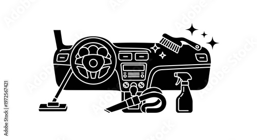 Illustration of car interior cleaning tools including a vacuum, brush, and spray bottle against a dashboard.