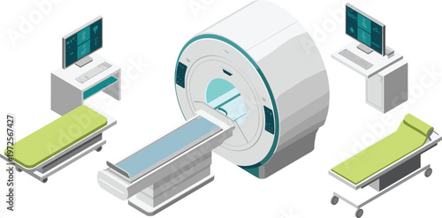 Advanced MRI scanner with patient bed, control monitors and medical imaging technology in modern hospital diagnostic radiology environment illustration