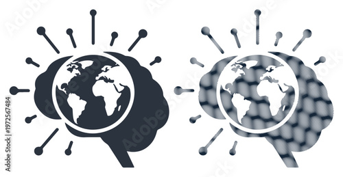 Global Brain, World Map, Vector Icons, Black and White, Brain Hemispheres, Earth Globe