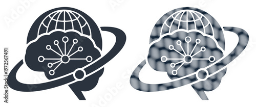 Global Network Brain, Human Mind Map, Connection Icons, Vector Illustration Set