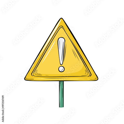 Yellow triangular warning sign with exclamation mark on a pole caution symbol