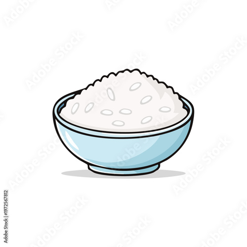 A simple cartoon bowl filled with white rice and a light blue rim