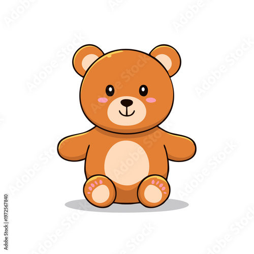 Cute cartoon brown teddy bear with smiling face and blush cheeks sitting