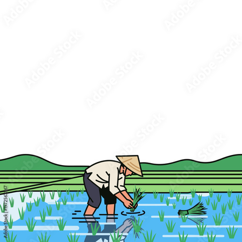 Man planting rice in a flooded field with green plants and a hat on.