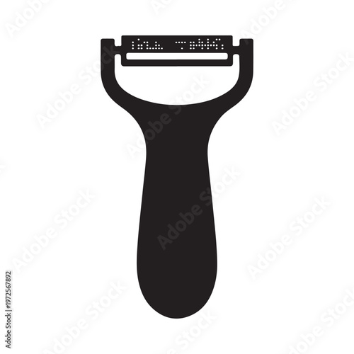 A simple black silhouette illustration of a kitchen vegetable peeler tool