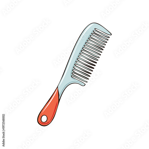 Illustration of a classic comb with a red handle and silver teeth for hair styling