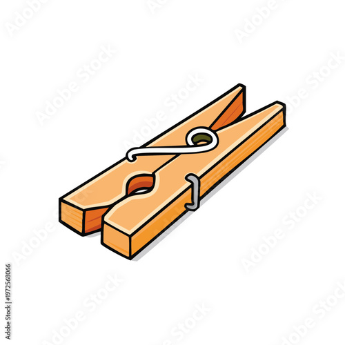 Simple wooden clothespin with a metal spring in a clean graphic illustration style