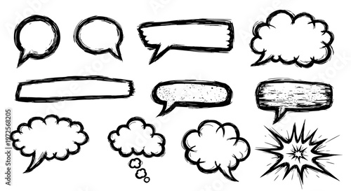 Hand-drawn speech bubbles and thought clouds in various shapes.
