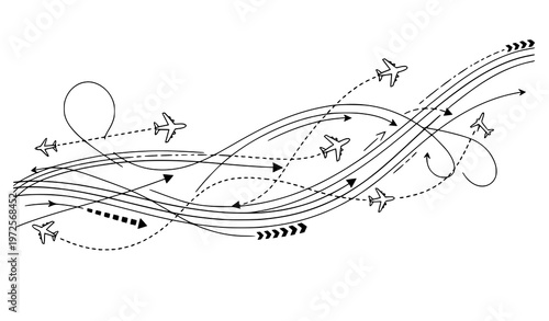 Dynamic airplane flight routes with curved direction paths travel concept black outline vector illustration