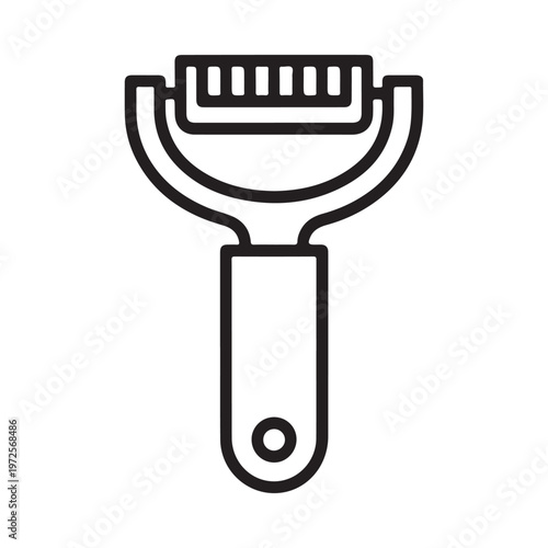Simple black and white line drawing of a kitchen vegetable peeler with a handle