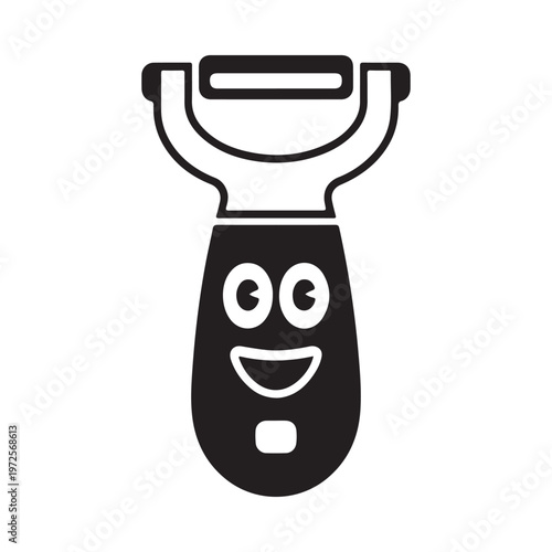 Simple black and white illustration of a vegetable peeler with a smiling face design