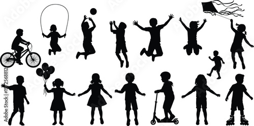 Silhouettes of children engaged in various outdoor recreational activities on transparent background.
