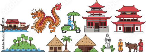 Asian Culture and Landmark Vector Set Featuring Pagoda Temples, Dragon Symbol, Traditional Houses, Scooter Rider, and Rural Life Elements for Tourism and Heritage Designs