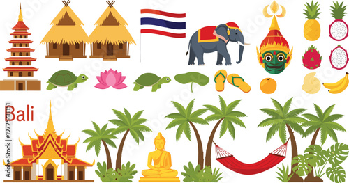Bali and Thailand Travel Vector Set Featuring Tropical Temples, Buddha Statue, Elephant, Exotic Fruits, Palm Trees, and Traditional Cultural Symbols for Tourism Designs