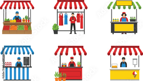 Set of Flat Vector Street Food Stalls and Small Business Market Booths Featuring Vendors Selling Vegetables, Clothing, Drinks, and Ice Cream Icons