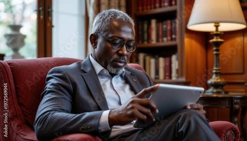 Mature Businessman Engaged in Digital Reading on Tablet in Cozy Library Setting