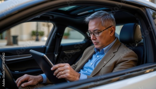 Businessman Using Tablet Inside Luxury Car in Urban Environment
