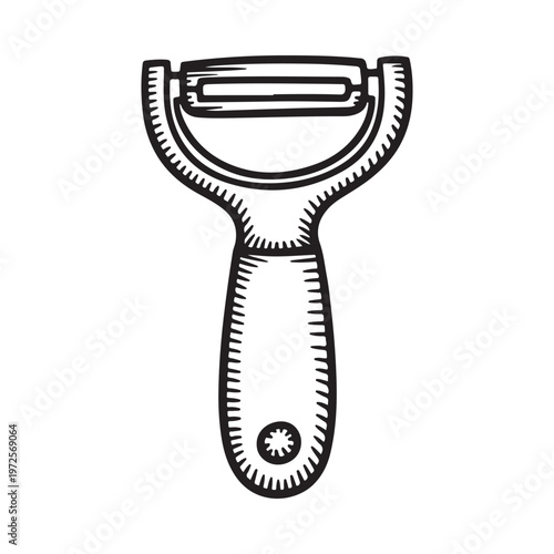 A detailed black and white illustration of a kitchen vegetable peeler tool