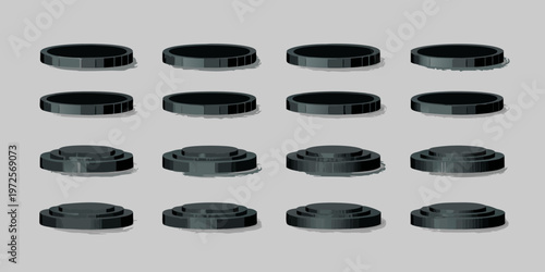 Arrangement of black bottle caps displayed in a grid pattern