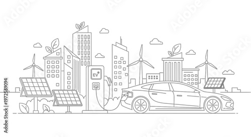 Electric car charging near solar panels and wind turbines in a modern eco-friendly cityscape with green technology infrastructure and sustainable energy solutions