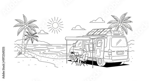 A person relaxes in a chair next to a parked camper van under a canopy on a sunny beach with palm trees and a serene ocean view nearby.