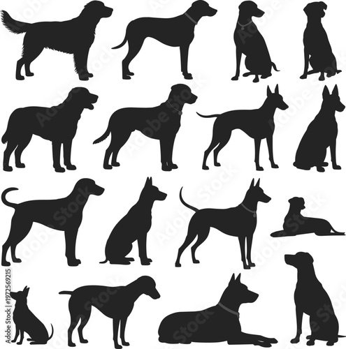 dog silhouettes vector collection, various breeds standing sitting poses, black pet icons set, canine illustration, isolated animals flat design