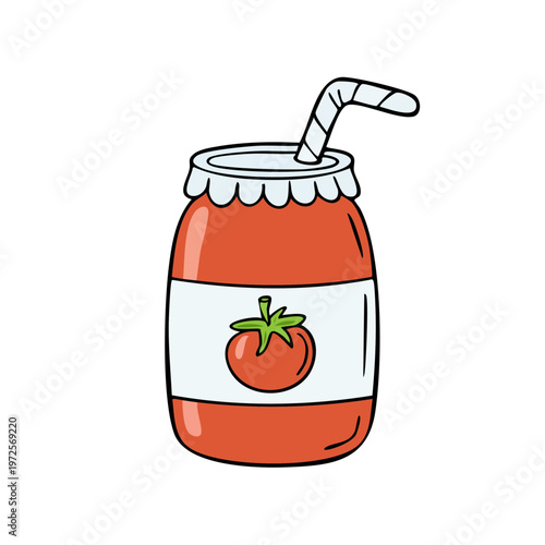 Cartoon tomato juice in a jar with a straw for drinking