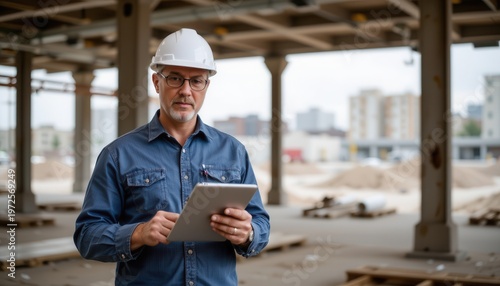 Professional Construction Worker Using Tablet at Construction Site with Urban Background