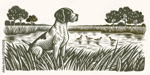 A pointer dog sits attentively while watching ducks on a calm lake