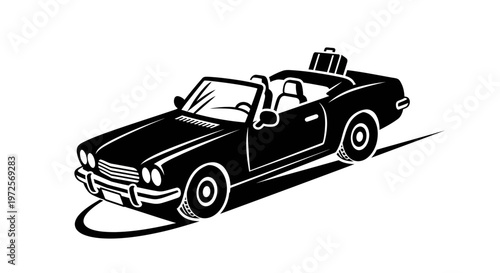 Classic black convertible car with a suitcase on the back, ready for a road trip.