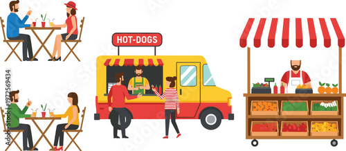 Street Food Festival and Outdoor Market Vector Set Featuring Hot Dog Truck, Fresh Produce Stall, and People Dining at Bistro Tables