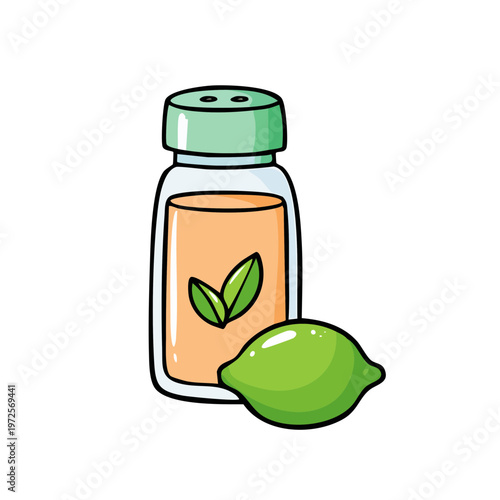 Glass bottle filled with herbal liquid and fresh lime fruit illustration