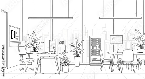 An office interior scene featuring a spacious room with furniture, plants, and large windows, depicting a modern workspace with desks and chairs in a minimalist setting.