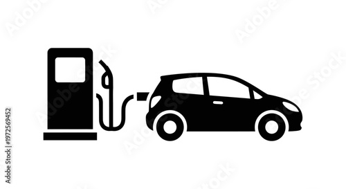 A black and white illustration of a car being refueled at a gas station.