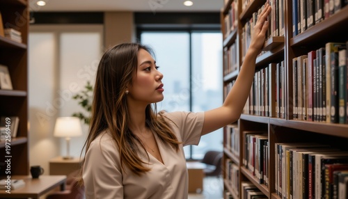 Young Woman Searching for Book in Modern Library with Cozy Atmosphere and Natural Light
